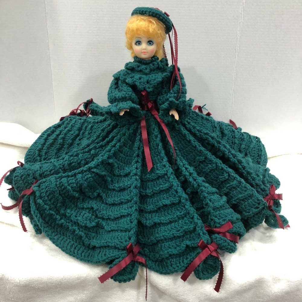 VTG Handmade Crochet Bed Doll Victorian Green Burgundy Gown Ruffled Dress Hat